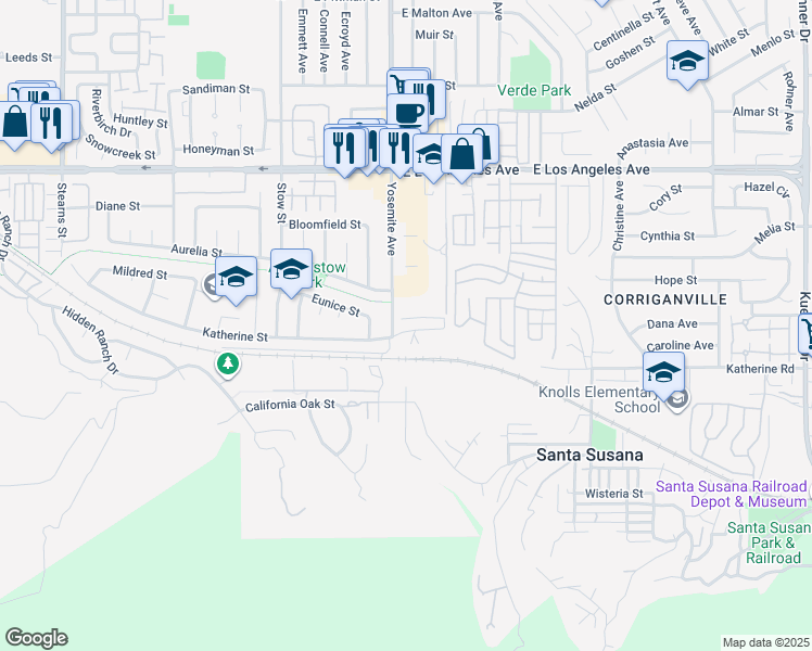 map of restaurants, bars, coffee shops, grocery stores, and more near 5824 Oak Fern Court in Simi Valley