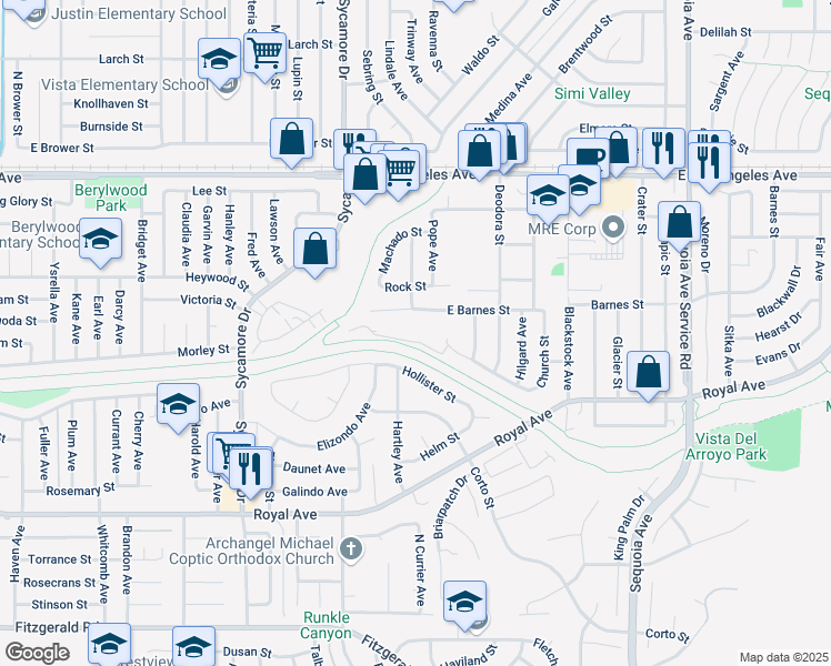 map of restaurants, bars, coffee shops, grocery stores, and more near 2905 Deacon Street in Simi Valley