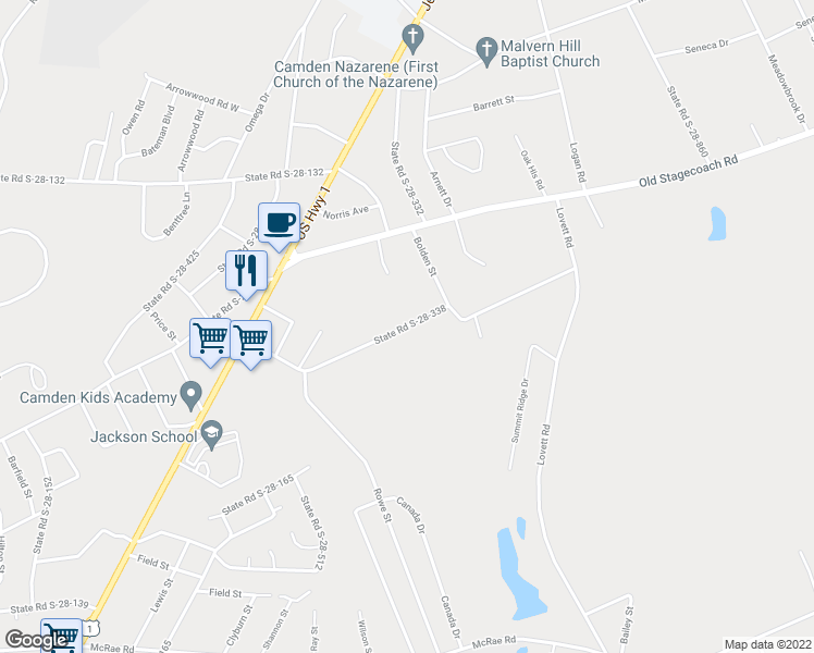 map of restaurants, bars, coffee shops, grocery stores, and more near 1525 State Road S-28-338 in Camden