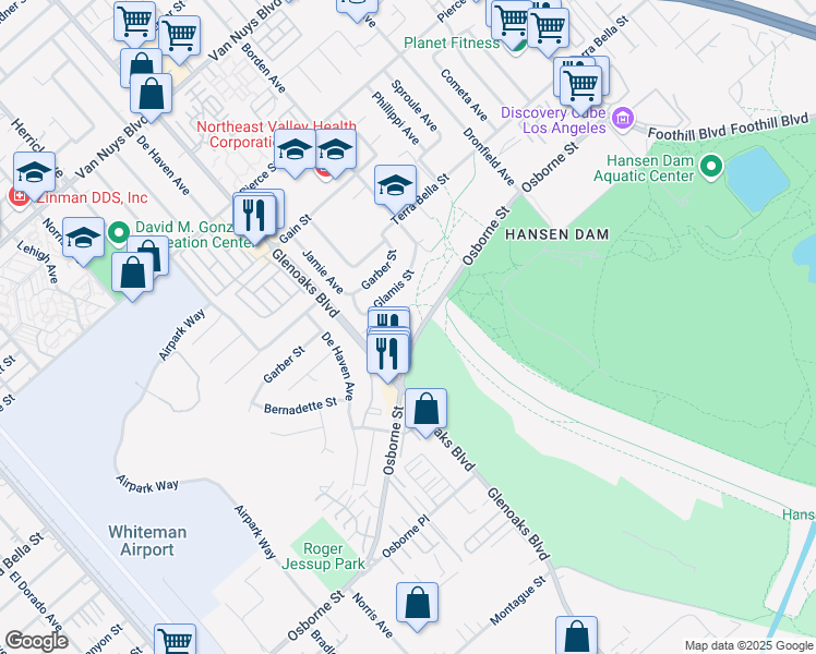 map of restaurants, bars, coffee shops, grocery stores, and more near 12251 Osborne Street in Los Angeles