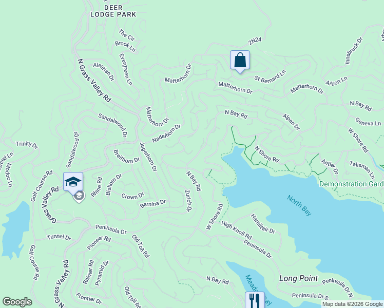 map of restaurants, bars, coffee shops, grocery stores, and more near 27550 North Bay Road in Lake Arrowhead