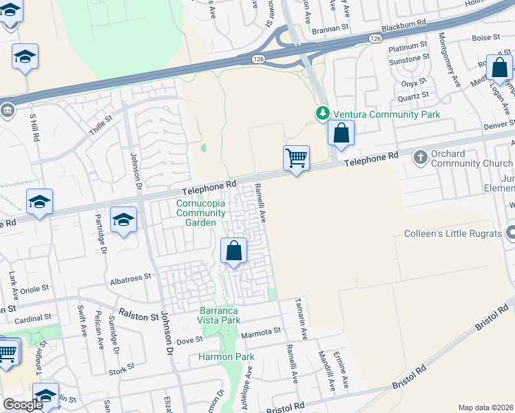 map of restaurants, bars, coffee shops, grocery stores, and more near 1311 Ramelli Avenue in Ventura