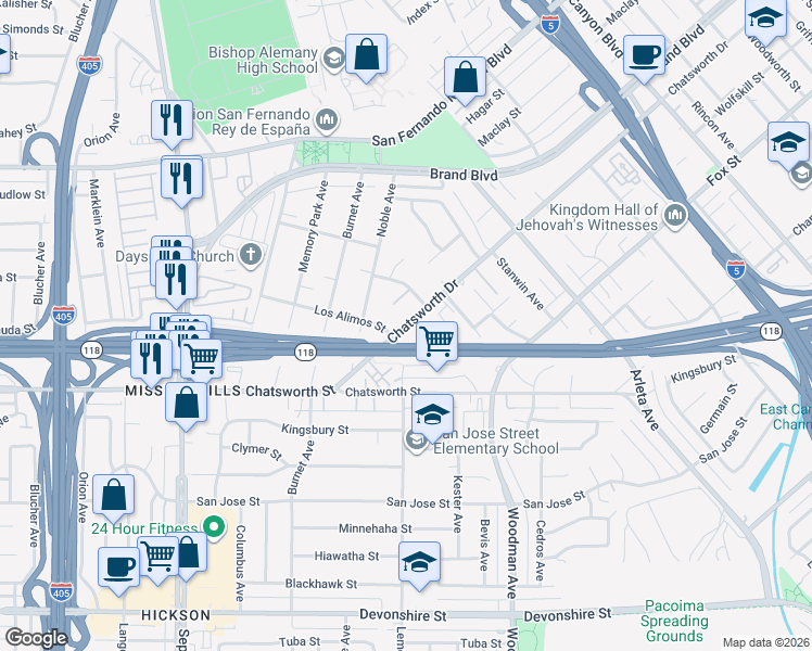 map of restaurants, bars, coffee shops, grocery stores, and more near 14945 Chatsworth Drive in Los Angeles