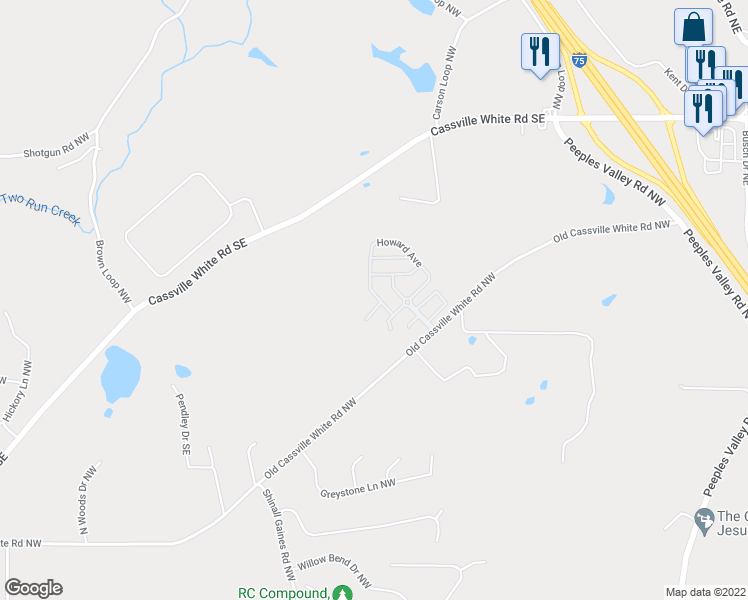 map of restaurants, bars, coffee shops, grocery stores, and more near 110 Howard Avenue in Cartersville