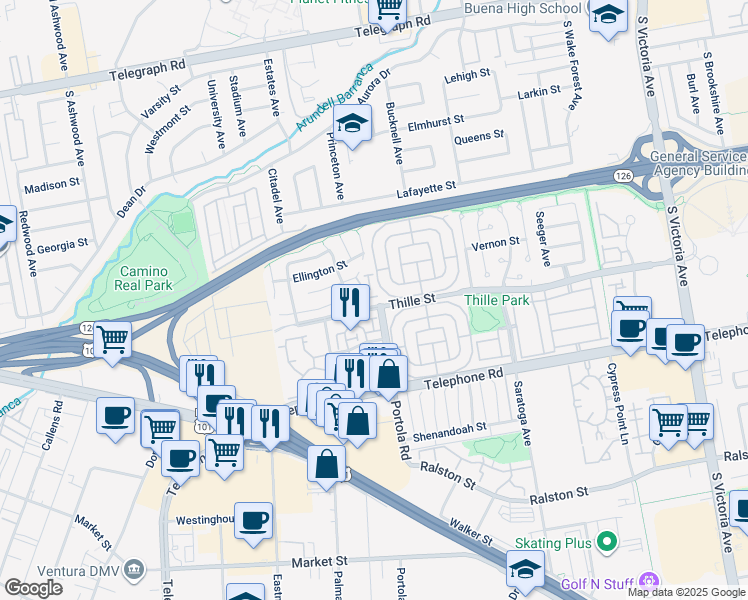 map of restaurants, bars, coffee shops, grocery stores, and more near 859 Portola Road in Ventura