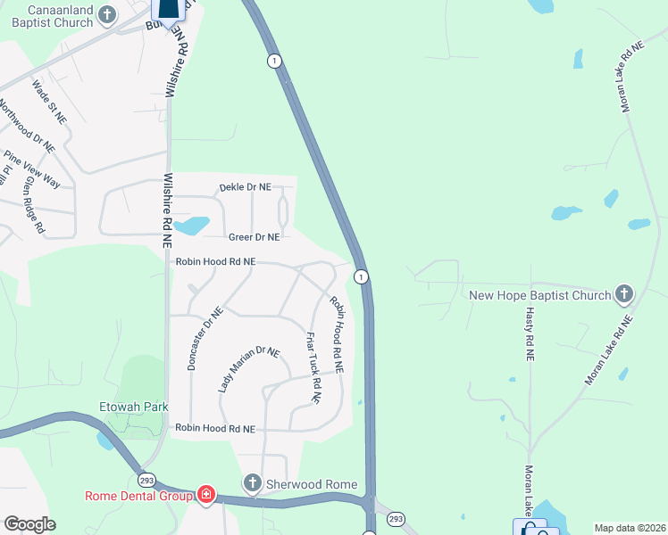 map of restaurants, bars, coffee shops, grocery stores, and more near 220 Robin Hood Road Northeast in Rome