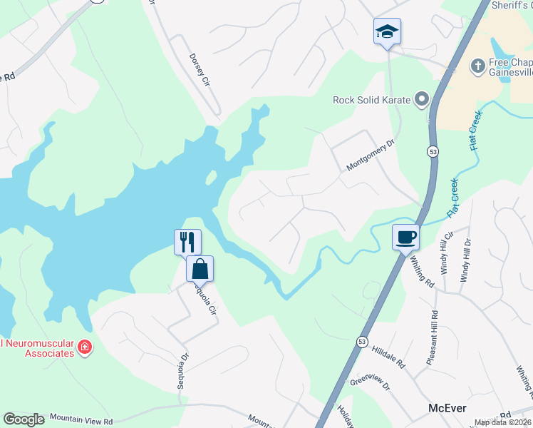 map of restaurants, bars, coffee shops, grocery stores, and more near 3560 Ridgewood Circle in Gainesville