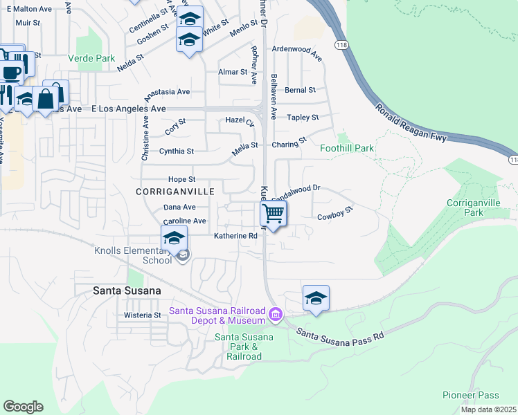 map of restaurants, bars, coffee shops, grocery stores, and more near 1501 Kuehner Drive in Simi Valley