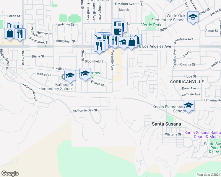 map of restaurants, bars, coffee shops, grocery stores, and more near 5794 Katherine Street in Simi Valley
