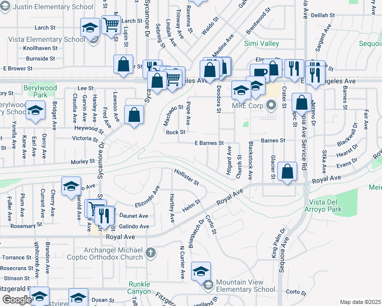 map of restaurants, bars, coffee shops, grocery stores, and more near 2960 Deacon Street in Simi Valley