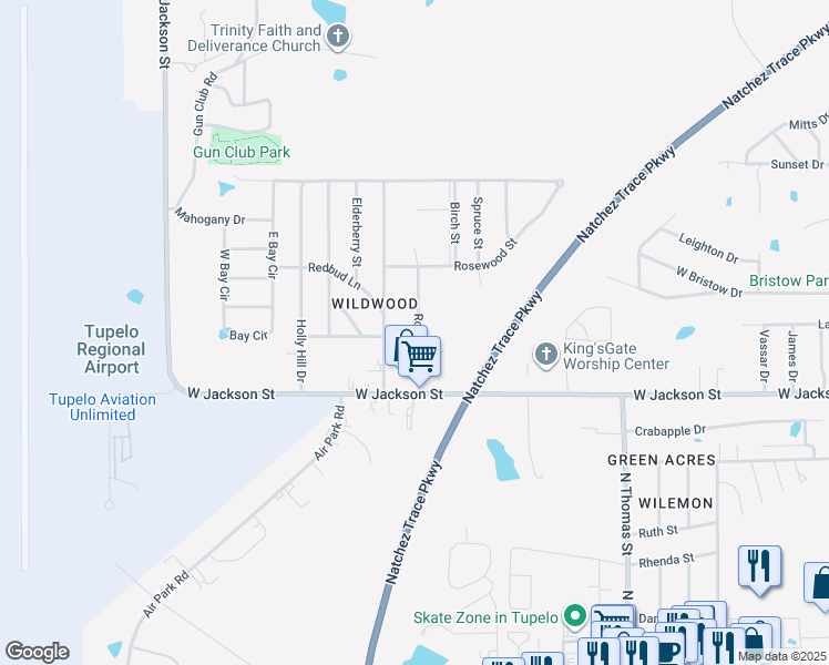 map of restaurants, bars, coffee shops, grocery stores, and more near 712 Robindale Drive in Tupelo