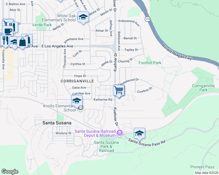 map of restaurants, bars, coffee shops, grocery stores, and more near 6525 Twin Circle Lane in Simi Valley