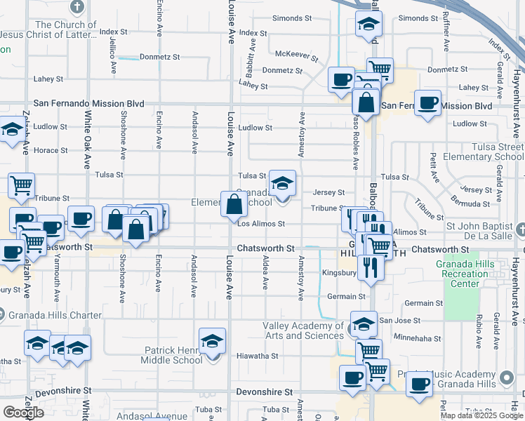 map of restaurants, bars, coffee shops, grocery stores, and more near 10823 Aldea Avenue in Los Angeles