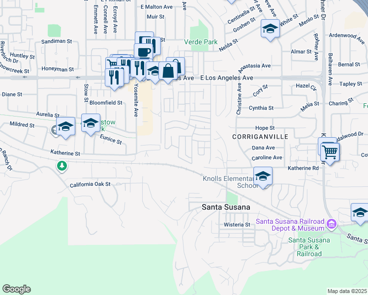 map of restaurants, bars, coffee shops, grocery stores, and more near 1550 Rory Lane in Simi Valley
