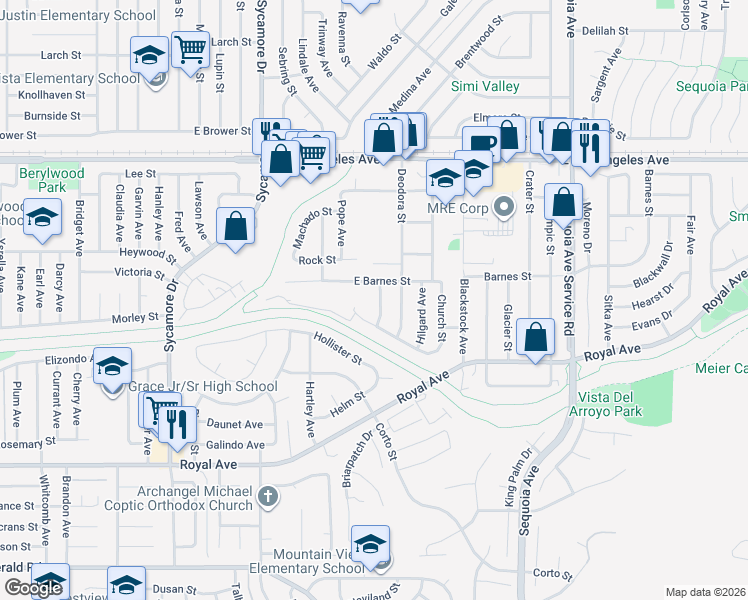 map of restaurants, bars, coffee shops, grocery stores, and more near 1551 Glassell Avenue in Simi Valley