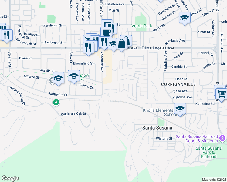 map of restaurants, bars, coffee shops, grocery stores, and more near 5876 Oak Fern Court in Simi Valley