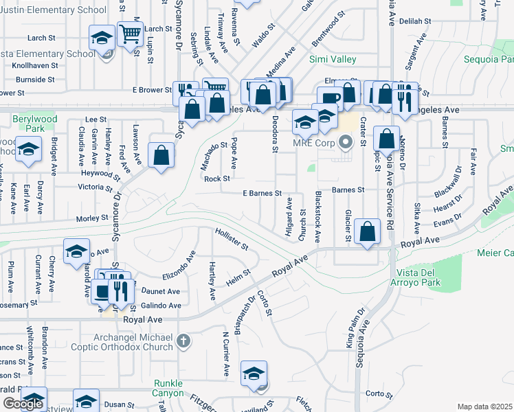 map of restaurants, bars, coffee shops, grocery stores, and more near 1551 Glassell Avenue in Simi Valley