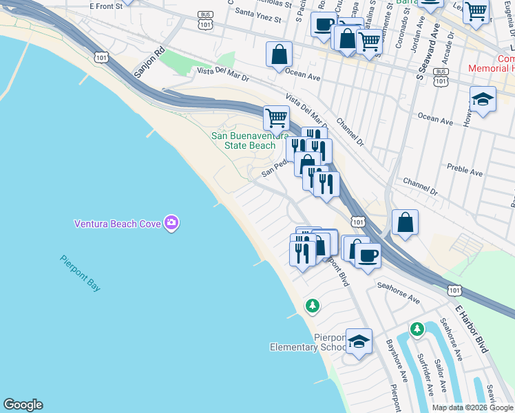 map of restaurants, bars, coffee shops, grocery stores, and more near 999 Waterbury Lane in Ventura