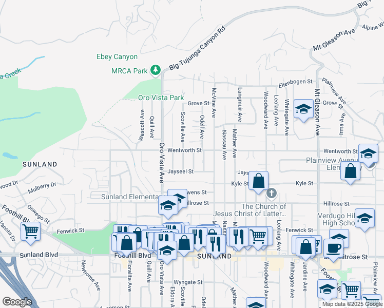 map of restaurants, bars, coffee shops, grocery stores, and more near 8254 Wentworth Street in Los Angeles