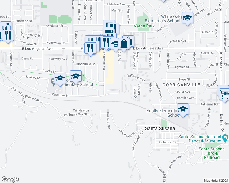 map of restaurants, bars, coffee shops, grocery stores, and more near 5868 Oak Fern Court in Simi Valley