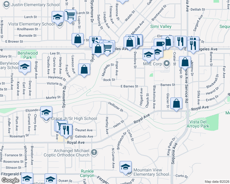 map of restaurants, bars, coffee shops, grocery stores, and more near in Simi Valley