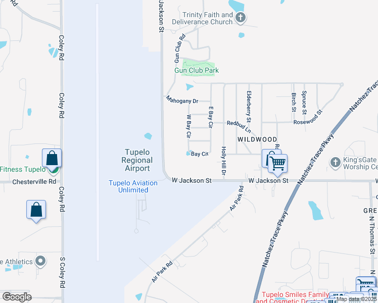 map of restaurants, bars, coffee shops, grocery stores, and more near 2698 Bay Circle in Tupelo