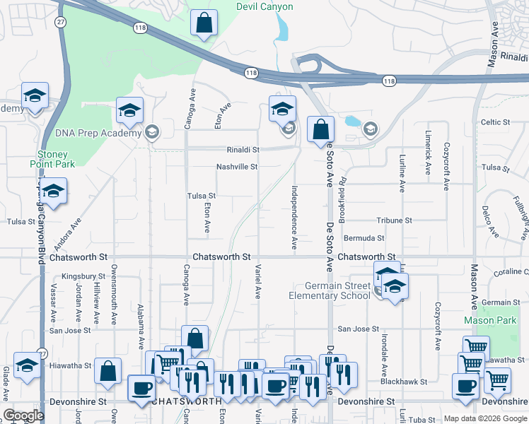 map of restaurants, bars, coffee shops, grocery stores, and more near Variel Avenue in Los Angeles