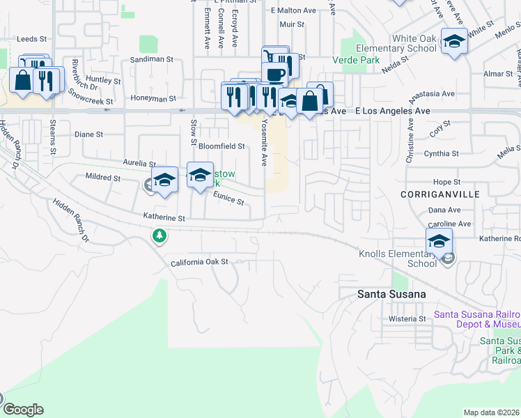 map of restaurants, bars, coffee shops, grocery stores, and more near 1553 Yosemite Avenue in Simi Valley
