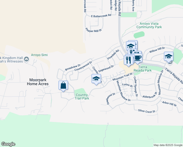 map of restaurants, bars, coffee shops, grocery stores, and more near 4201 Laurelview Drive in Moorpark