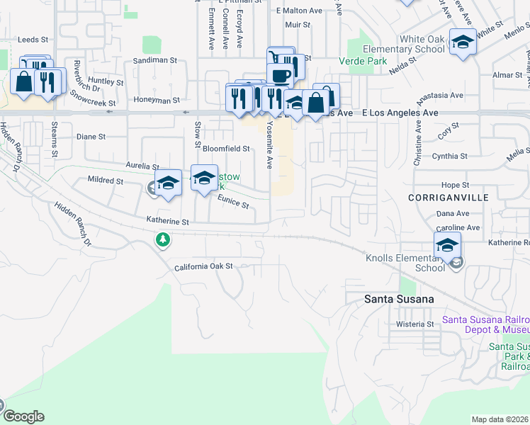 map of restaurants, bars, coffee shops, grocery stores, and more near 1553 Yosemite Avenue in Simi Valley
