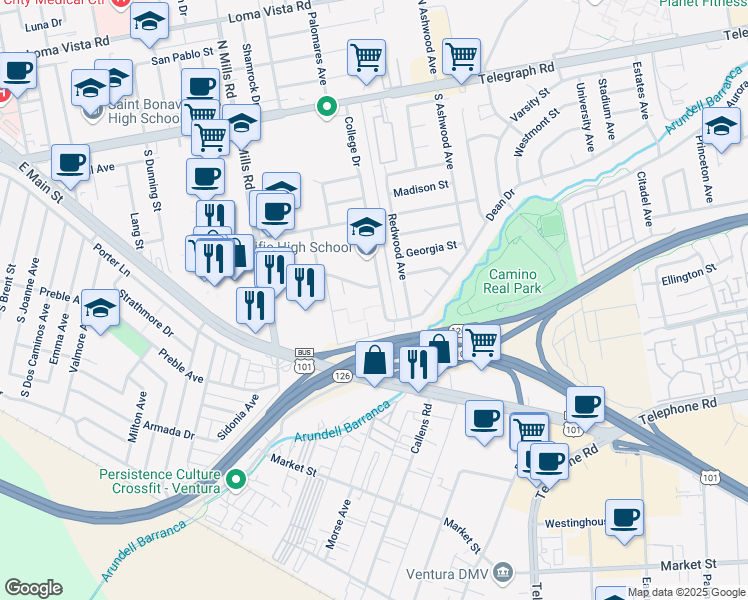 map of restaurants, bars, coffee shops, grocery stores, and more near in Ventura