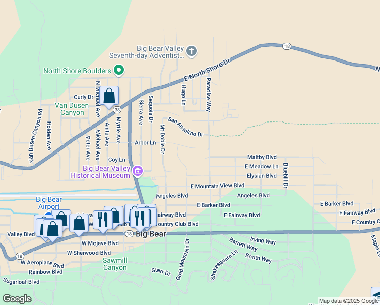 map of restaurants, bars, coffee shops, grocery stores, and more near 310 Arbor Lane in Big Bear