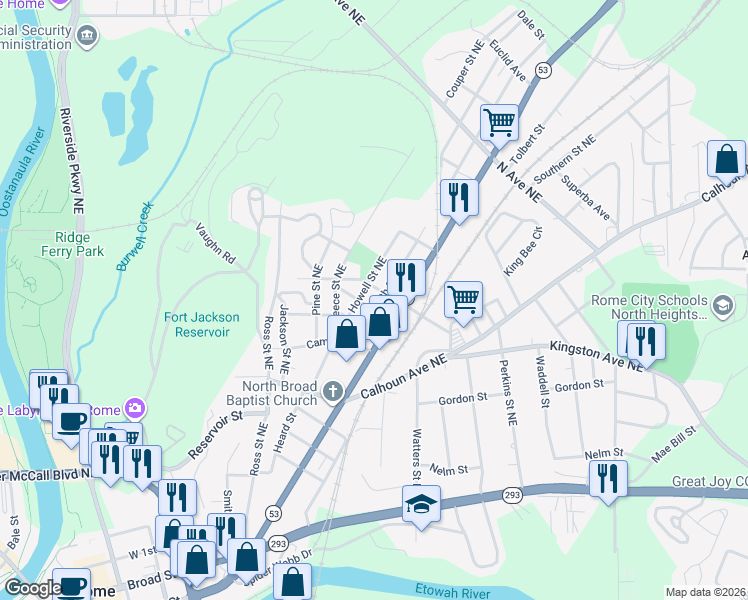 map of restaurants, bars, coffee shops, grocery stores, and more near 108 West Callahan Street in Rome
