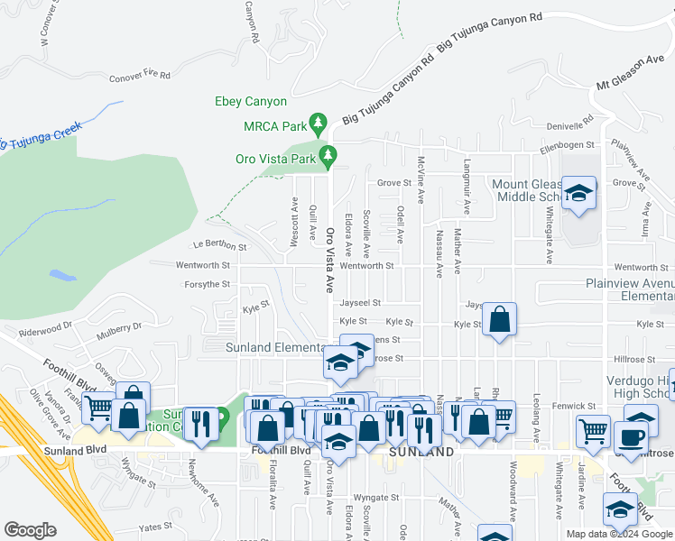 map of restaurants, bars, coffee shops, grocery stores, and more near 10862 Oro Vista Avenue in Los Angeles