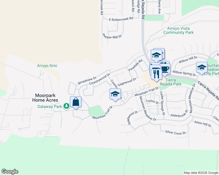 map of restaurants, bars, coffee shops, grocery stores, and more near 4201 Laurelview Drive in Moorpark