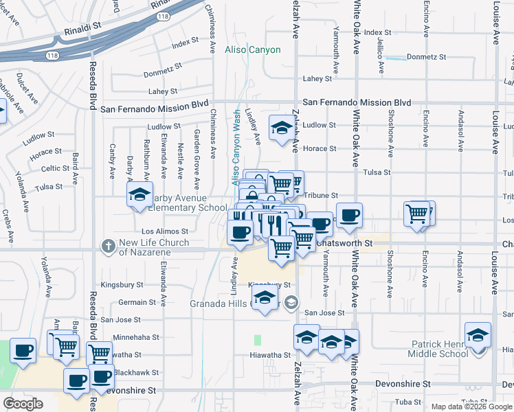 map of restaurants, bars, coffee shops, grocery stores, and more near 10801 Zelzah Avenue in Los Angeles