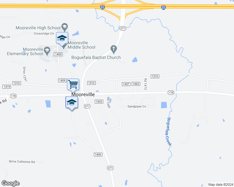 map of restaurants, bars, coffee shops, grocery stores, and more near 100-114 County Road 1449 in Mooreville