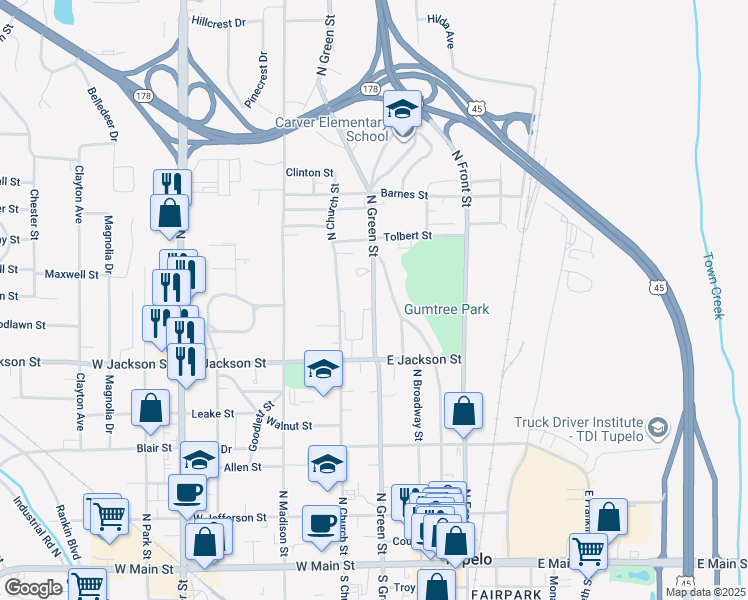 map of restaurants, bars, coffee shops, grocery stores, and more near 617 North Spring Street in Tupelo