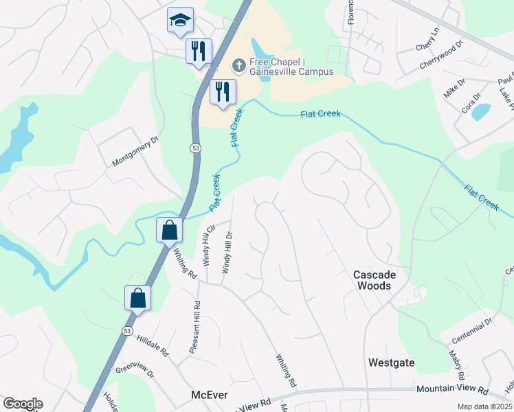 map of restaurants, bars, coffee shops, grocery stores, and more near 2172 Hamilton Court in Gainesville