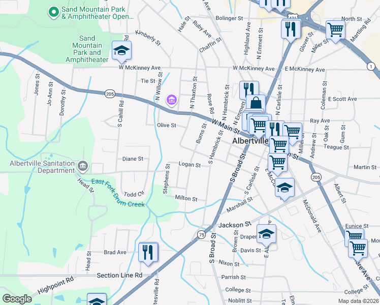 map of restaurants, bars, coffee shops, grocery stores, and more near 407 West Alabama Avenue in Albertville