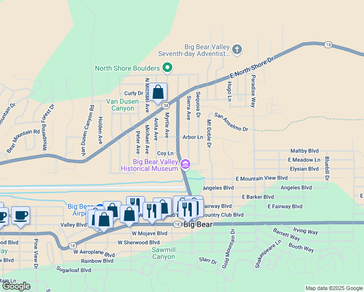 map of restaurants, bars, coffee shops, grocery stores, and more near 924 Greenway Drive in Big Bear