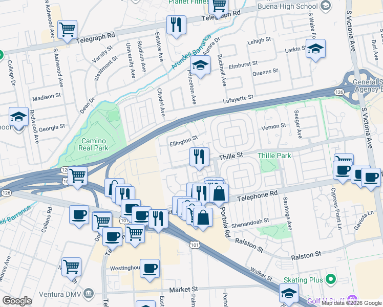 map of restaurants, bars, coffee shops, grocery stores, and more near 4863 Templeton Street in Ventura
