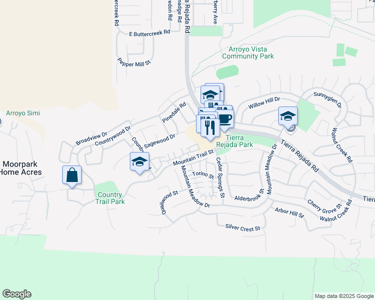 map of restaurants, bars, coffee shops, grocery stores, and more near 11693 Quailcreek Court in Moorpark
