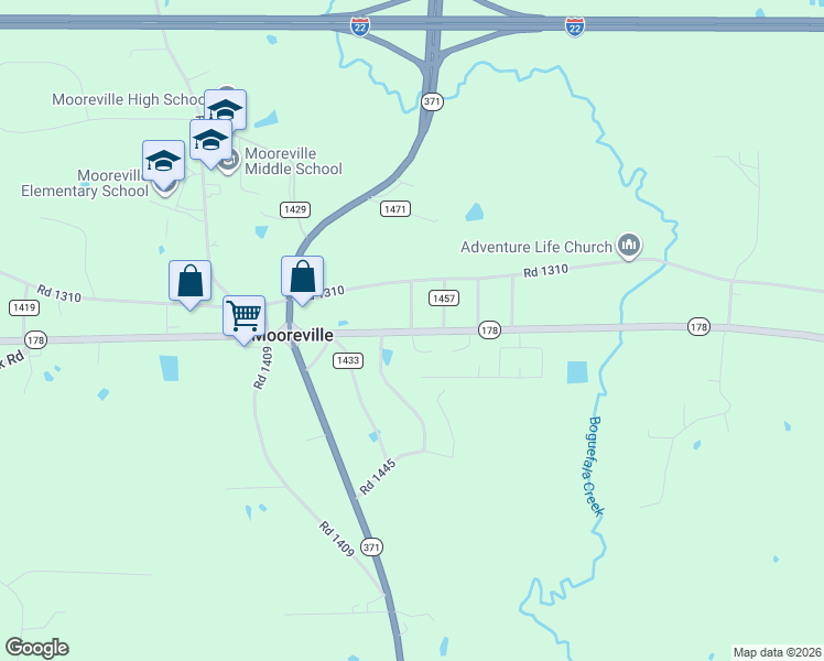 map of restaurants, bars, coffee shops, grocery stores, and more near 100-114 County Road 1449 in Mooreville