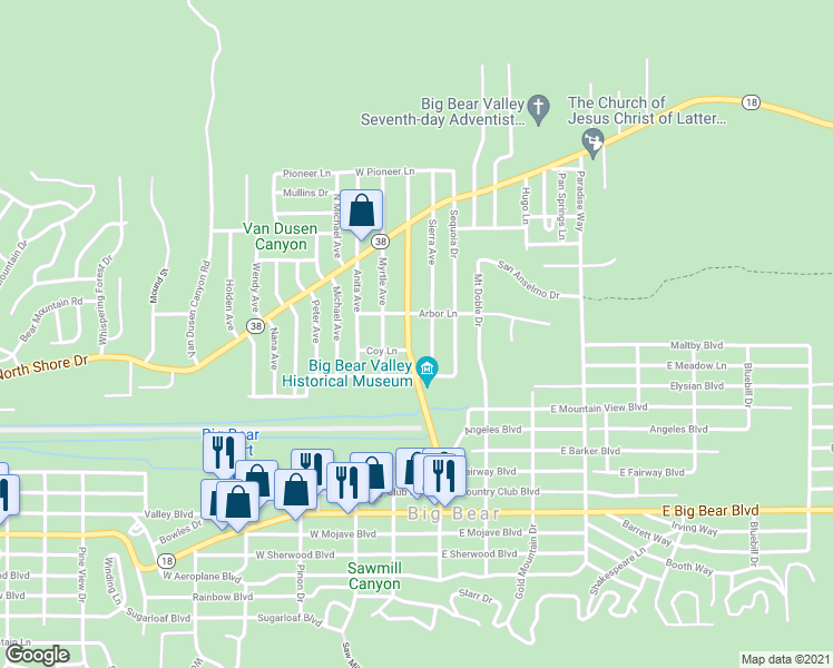 map of restaurants, bars, coffee shops, grocery stores, and more near 924 Greenway Drive in Big Bear