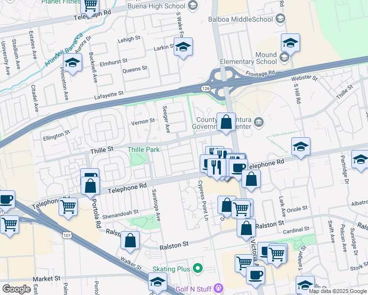 map of restaurants, bars, coffee shops, grocery stores, and more near 5616 Northwind Court in Ventura