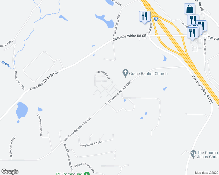 map of restaurants, bars, coffee shops, grocery stores, and more near 14 Howard Avenue in Cartersville