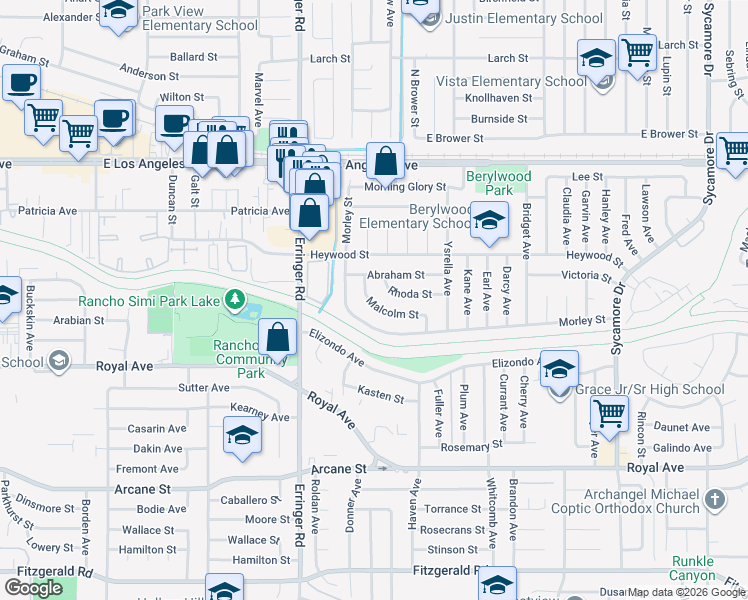 map of restaurants, bars, coffee shops, grocery stores, and more near 2039 Malcolm Street in Simi Valley
