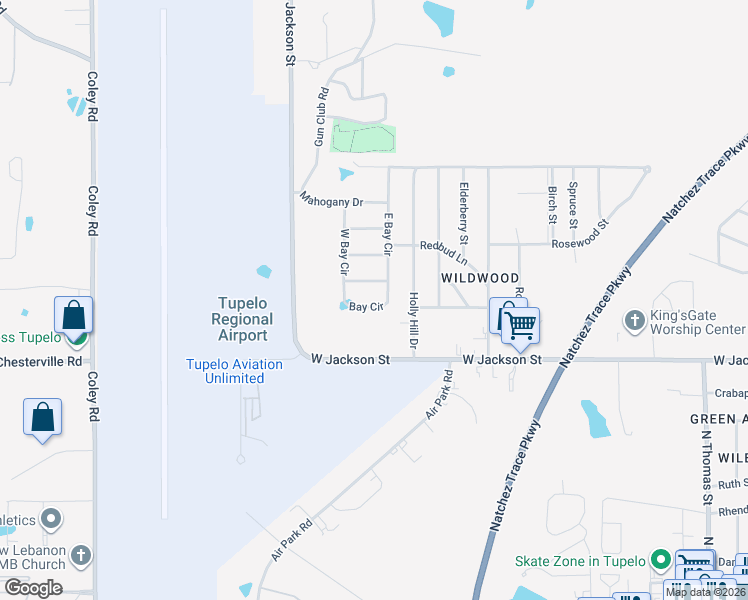 map of restaurants, bars, coffee shops, grocery stores, and more near 2601-2699 Huckleberry Trail in Tupelo