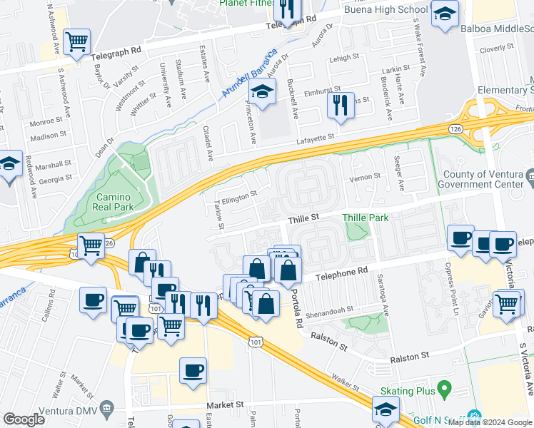 map of restaurants, bars, coffee shops, grocery stores, and more near 774 Halevy Street in Ventura